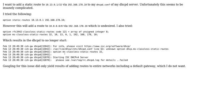 Unix & Linux: Add static route to one specific address to dhcpd.conf смотреть онлайн
