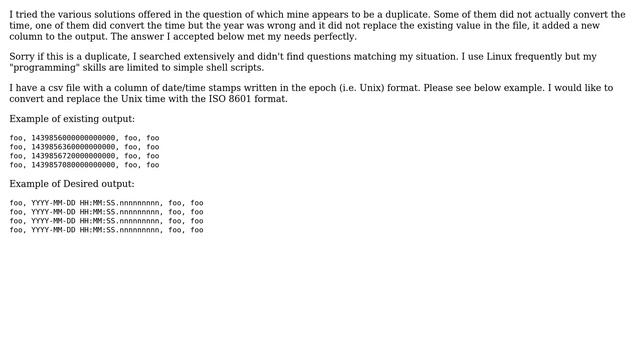 Unix & Linux: Can I convert and replace unix times stored in a file with iso 8601 format? смотреть онлайн
