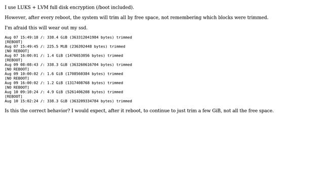 fstrim not remembering trmmed blocks after reboot смотреть онлайн