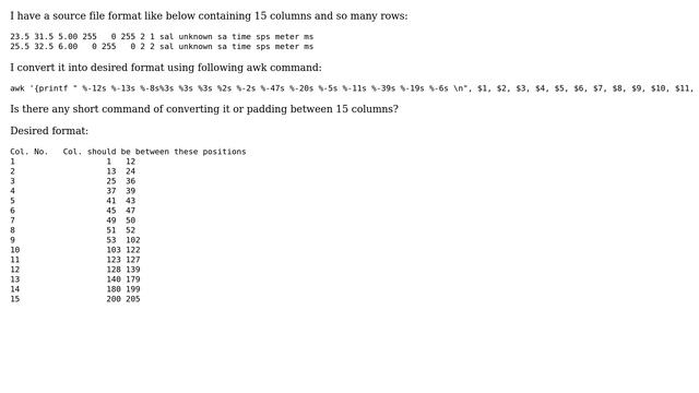 awk or sed command to start each column of file from desired locations or Byte Position смотреть онлайн