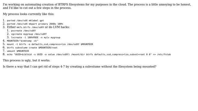 Unix & Linux: Create btrfs subvolume on non-mounted filesystem смотреть онлайн