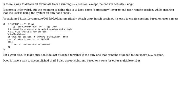 Unix & Linux: Detach all other terminals except current one from a tmux session смотреть онлайн