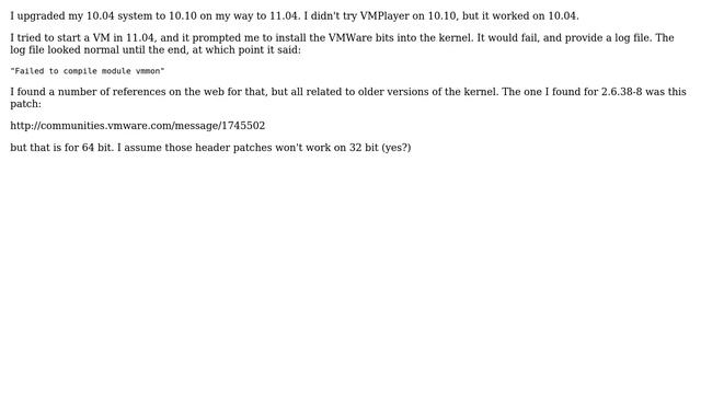 How to run VMWare player on kernel 2.6.38-8? [Failed to compile module vmmon]? смотреть онлайн