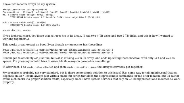 Unix & Linux: On boot, automatically assemble mdadm array that uses another mdadm array смотреть онлайн