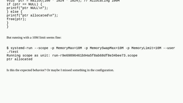 Unix: systemd-run MemoryMax/MemoryLimit don't seem to work смотреть онлайн