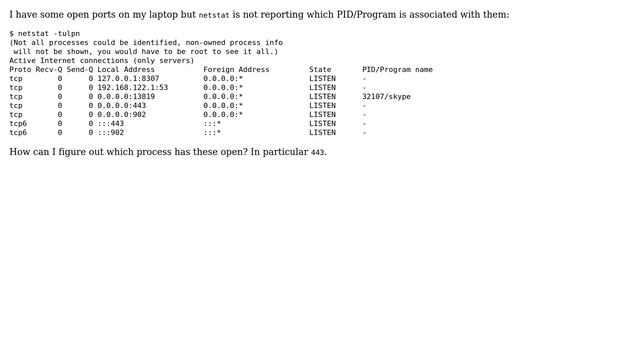 Unix & Linux: Open ports with no associated PIDs смотреть онлайн