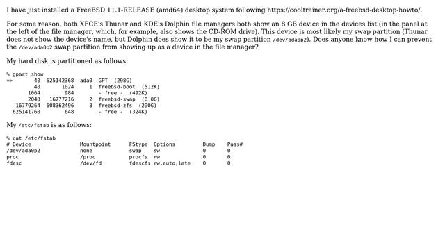Unix & Linux: Hide FreeBSD swap partition in XFCE or KDE file manager смотреть онлайн