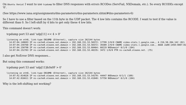Unix & Linux: tcpdump advanced filtering to filter DNS RCODEs смотреть онлайн
