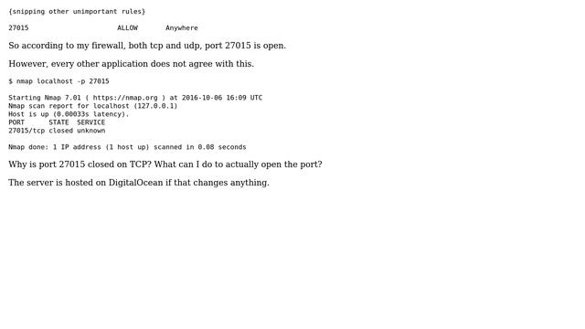 Ubuntu: ufw and iptables show port open, everything else suggests it's closed смотреть онлайн