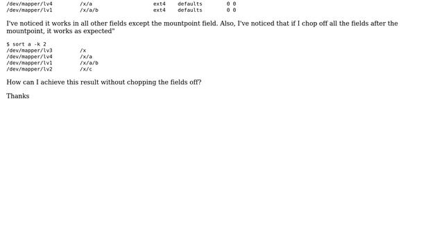Linux: Sort /etc/fstab by the mountpoint field смотреть онлайн