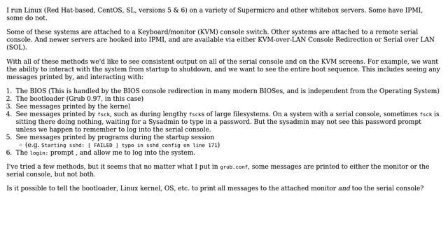 Linux: Print all messages to primary console \*and\* secondary console (monitor/KVM)? смотреть онлайн