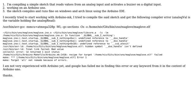 Arduino: Compilation error using arduino-mk on arch Linux (undefined reference to __dso_handle) смотреть онлайн
