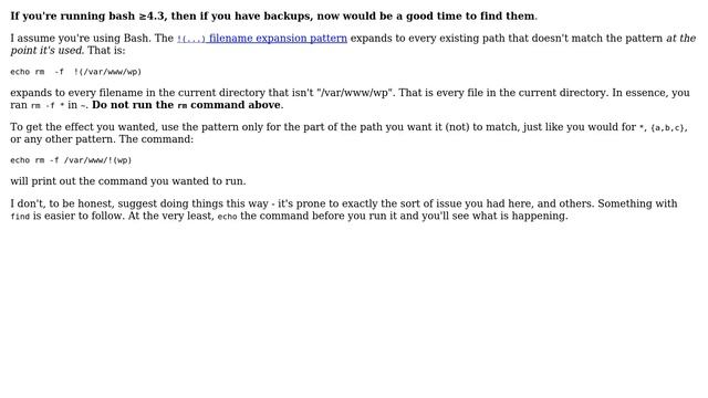 Unix & Linux: Why does `rm -f !(/var/www/wp)` leave files behind in /var/www? (3 Solutions!!) смотреть онлайн