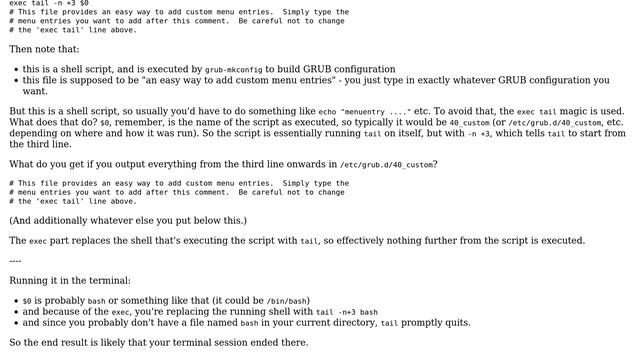 Unix & Linux: What logic does the command "exec tail -n +3 $0" from grub2 config have? смотреть онлайн