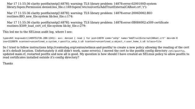 Postfix unable to read ssl certs in default location due to SELinux policy on CentOS 6.7 смотреть онлайн