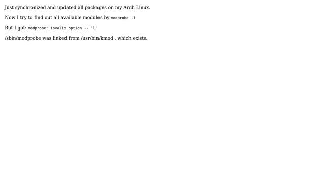 Archlinux: modprobe: invalid option -- 'l' смотреть онлайн