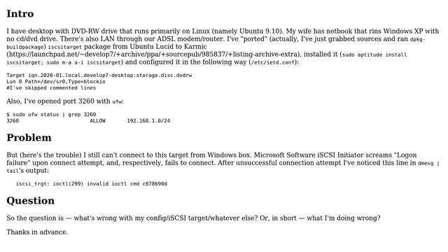 Unable to connect to shared (iscsitarget) dvd-rw drive on ubuntu karmic box смотреть онлайн