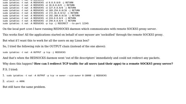 REDSOCKS goes 'out of file descriptors' when trying to redirect all outgoing (TCP) traffic from... смотреть онлайн