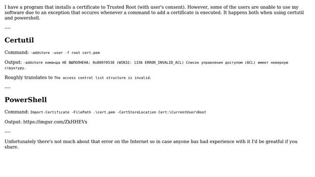 ERROR_INVALID_ACL (0x80070538) exception when trying to install root certificate on Windows смотреть онлайн