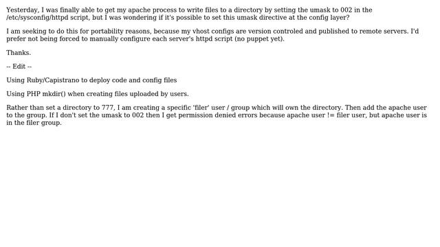 CentOS - Apache - Is it possible to add umask directive to httpd.conf or vhost.conf file? смотреть онлайн