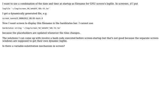 Unix & Linux: dynamically generated logfile in screenrc shown in hardstatus смотреть онлайн