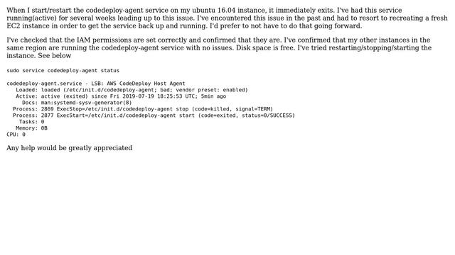 AWS Codedeploy agent starts up as active(exited) on ubuntu смотреть онлайн