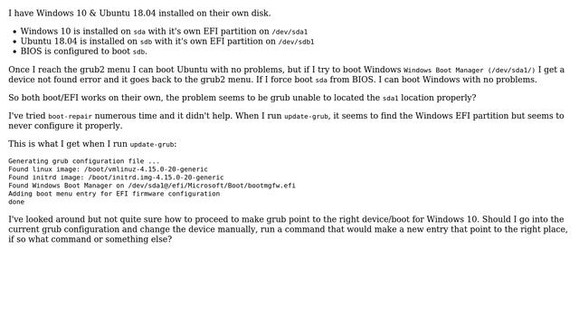 Ubuntu: Windows 10 device not found in a dual boot with Ubuntu 18.04 on seperate disk смотреть онлайн