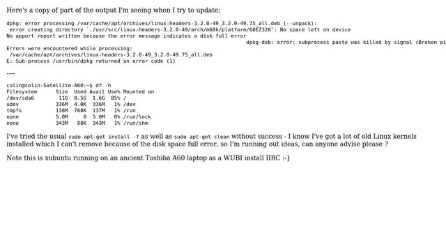 Ubuntu: Package system broken / unable to install updates due to incorrect (?) disk full message смотреть онлайн
