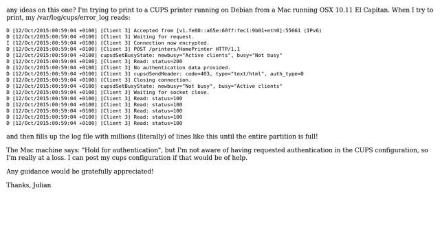 Printing to Linux CUPS printer from Mac El Capitan - fills error_log and doesn't print смотреть онлайн