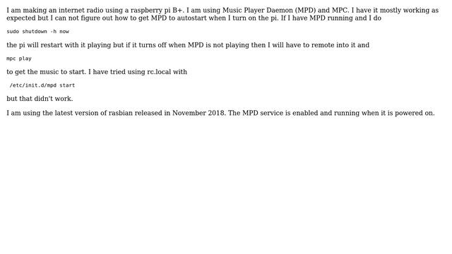 How to Autostart Music Player Daemon (MPD) so music will play as soon as the Pi is powered on? смотреть онлайн