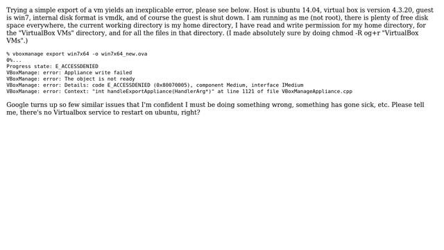 Ubuntu: Cannot export win guest from Virtualbox on ubuntu 14.04 host E_ACCESSDENIED смотреть онлайн