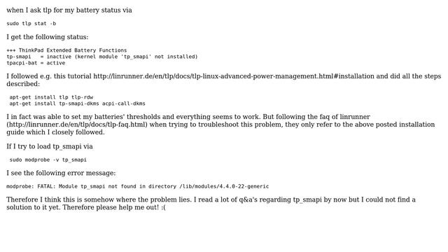 [TLP]-error: "tp-smapi = inactive (kernel module 'tp_smapi' not installed)" on thinkpad t460s смотреть онлайн