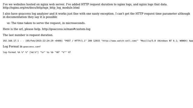 Can't get HTTP request time with goaccess from nginx log смотреть онлайн