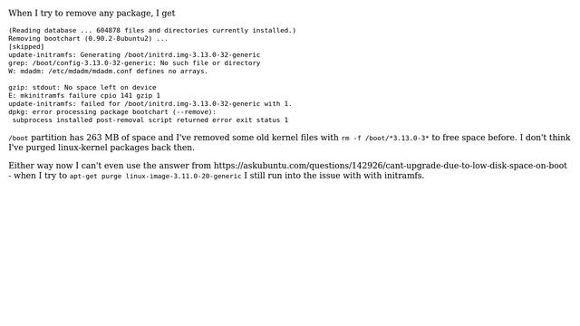 Ubuntu: Can't install/remove packages - update-initramfs with little space on /boot смотреть онлайн