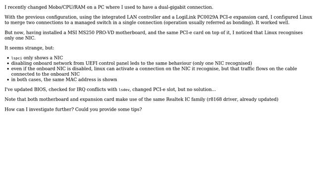 Trouble with additional NIC: MSI MS250 PRO-VD + Logilink PC0029A смотреть онлайн