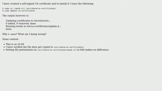 Ubuntu: Installing CA Cert fails with no error смотреть онлайн