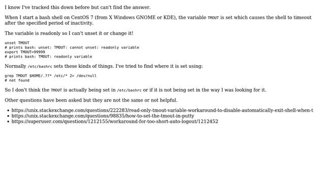 Where is TMOUT being set in CentOS 7? How can I disable it? смотреть онлайн