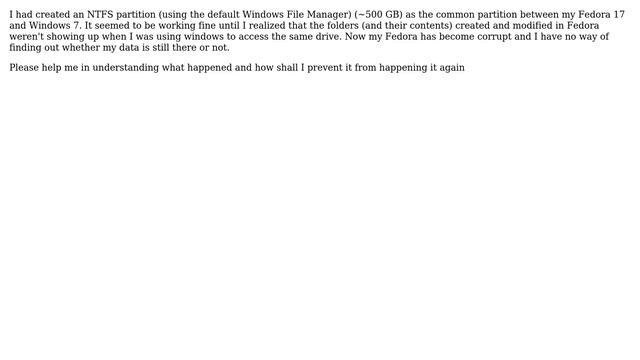 File mismatch in a common NTFS partition using Windows 7 and Fedora 17 смотреть онлайн