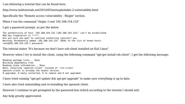Unix & Linux: Rlogin prompting for remote password (Kali / Metasploitable) (2 Solutions!!) смотреть онлайн