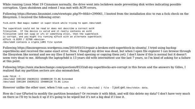 Unix & Linux: All superblocks corrupt, mismatched start sector on extended and logical partitions смотреть онлайн