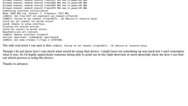 Unix & Linux: hostapd: Failed to set channel (freq=2417): -16 (Device or resource busy) смотреть онлайн