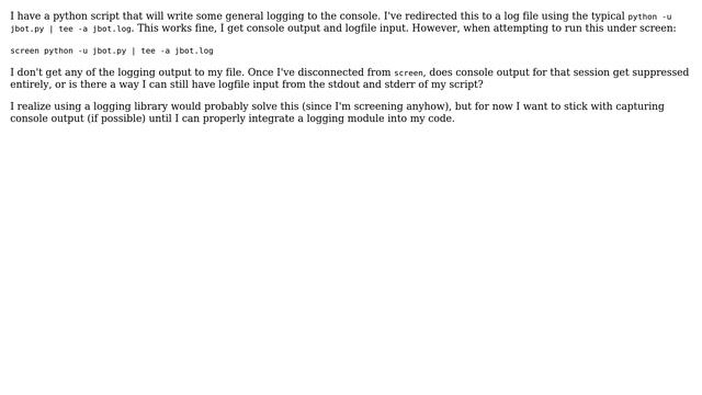 Unix & Linux: No logfile output when running script under screen, with console redirect (tee) смотреть онлайн