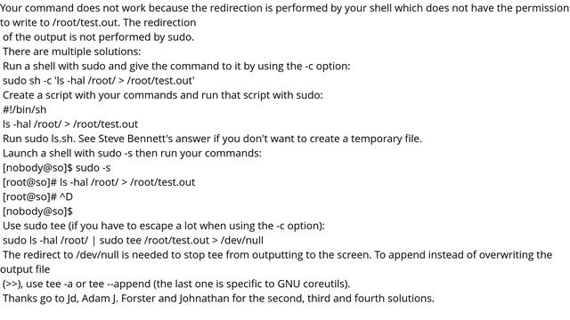 How do I use sudo to redirect output to a location I don't have permission to write to? [closed] смотреть онлайн