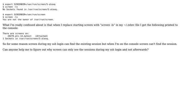 Unix & Linux: Running screen in a shell can't find sessions but running screen during ssh login can смотреть онлайн
