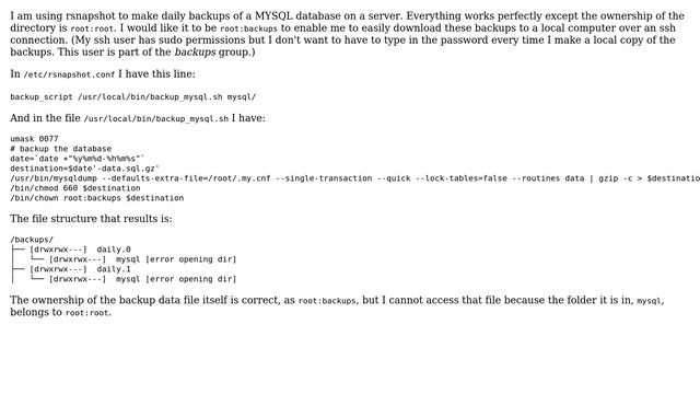 Unix & Linux: Rsnapshot: folder ownership permissions to 'backups' group instead of root смотреть онлайн