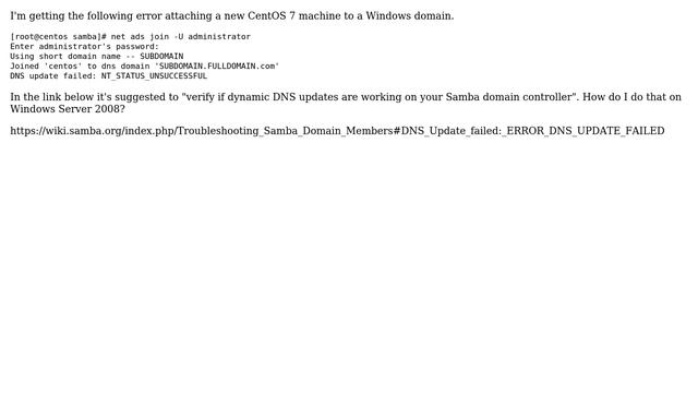 Attaching CentOS to domain yields "DNS update failed: NT_STATUS_UNSUCCESSFUL" смотреть онлайн