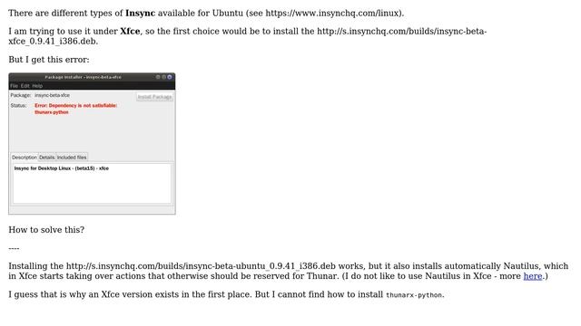Ubuntu: How to install insync-beta-xfce, the Google Drive client for Xfce (thunarx-python missing)? смотреть онлайн