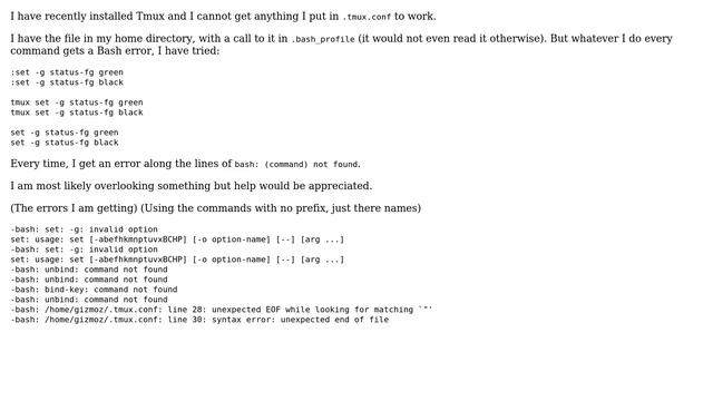 Unix & Linux: .tmux.conf Not Working