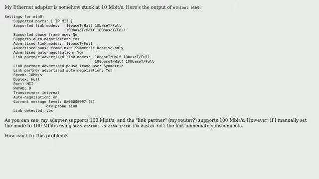 Unix & Linux: Ethernet adapter stuck at 10 Mbit/s смотреть онлайн