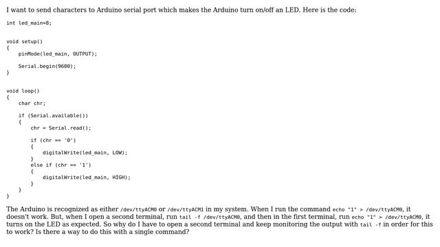Arduino: How to send characters to Arduino serial using Linux command line without tail -f? смотреть онлайн